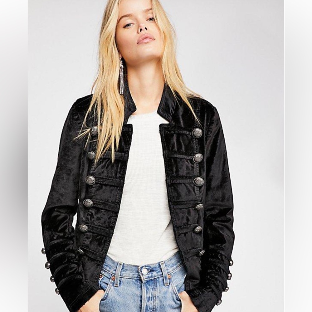 Free People Military Style Black Jacket with Silver Accents - worn once